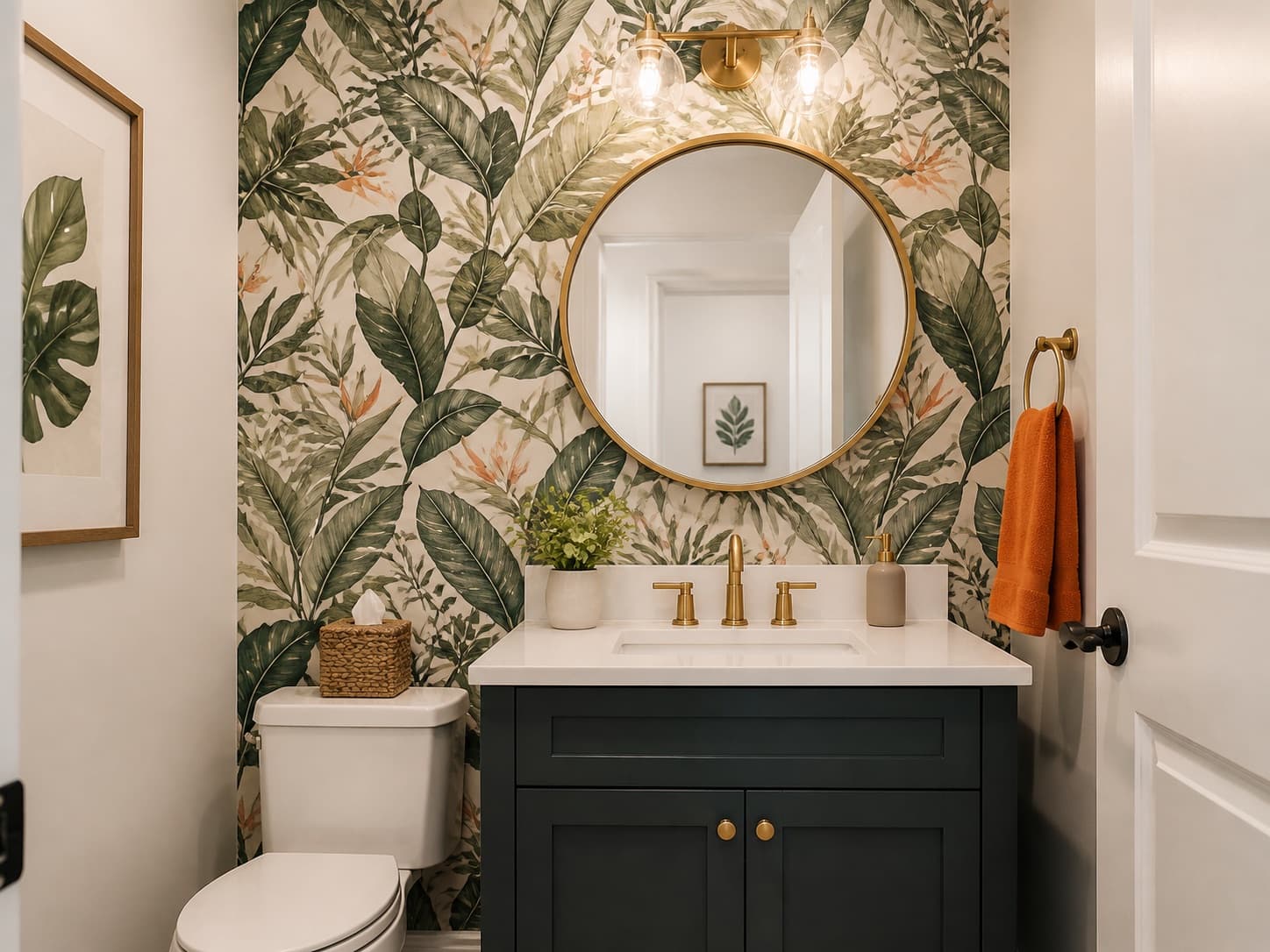 Generated powder room with botanical wallpaper accent wall behind the vanity.