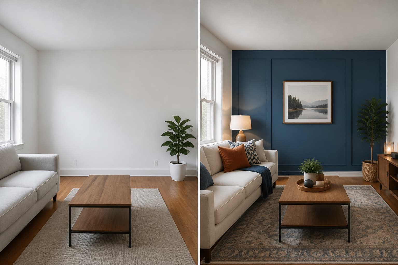 Generated before and after living room transformation with a blue paneled accent wall.