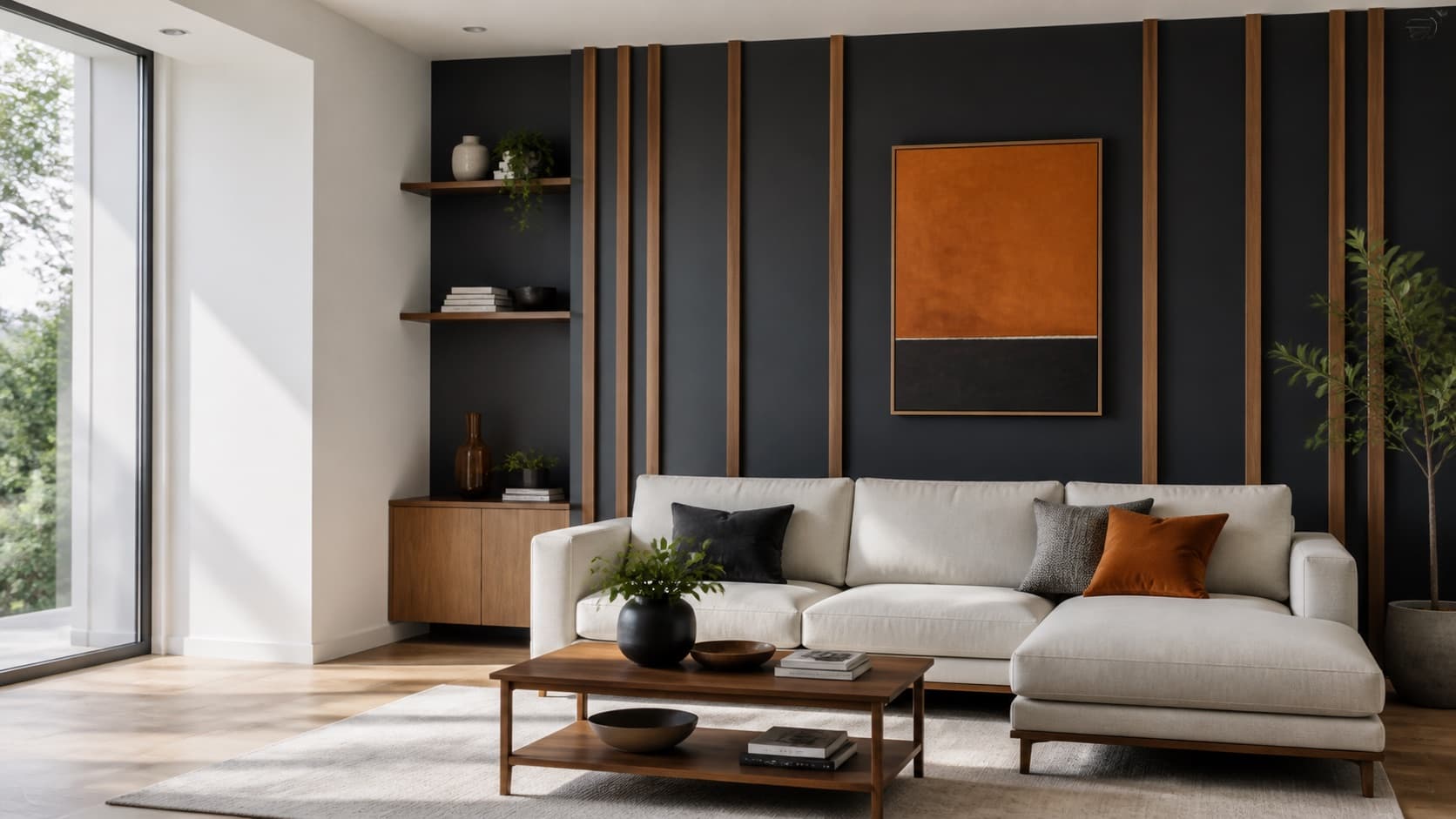 Generated living room with a charcoal accent wall, wood trim, sofa, and orange accent pillow.