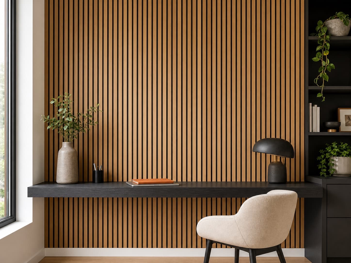 Generated home office with an oak wood slat accent wall and floating desk.